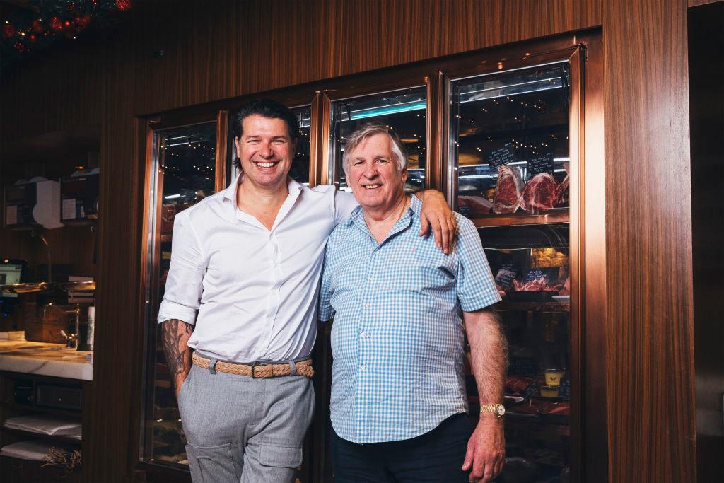 Portrait of Anthony Puharich, owner of Vics Meats, one of Sydney and Melbourne's top suppliers of meat. Photographed with his father Victor Puharich at their butchery in Woollahra, Victor Churchill. Monday 11th November 2019. Photograph by James Brickwood. AFR MAG 191111