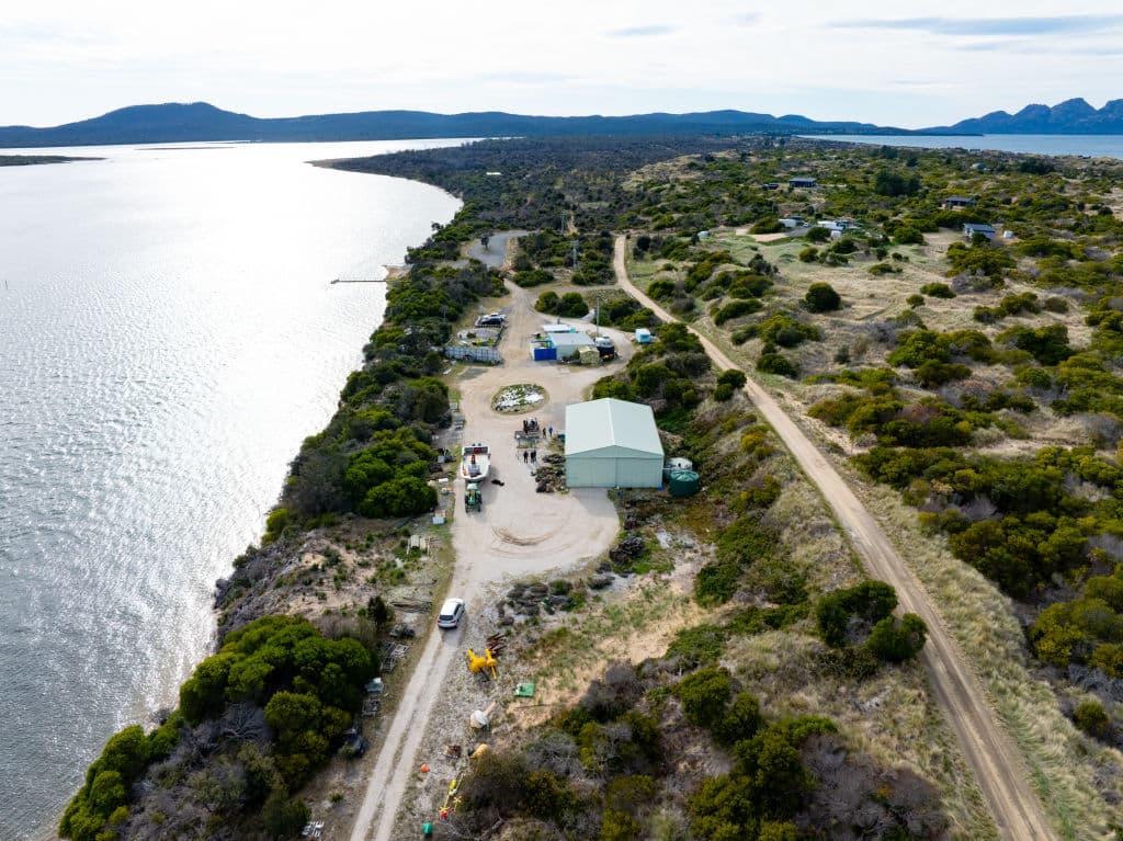 Buildings alongside eastern Tasmanian coast.