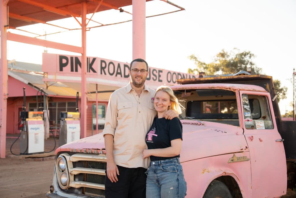 Owners of Oodnadatta's Pink Roadhouse, Joe and Jess Calvert.