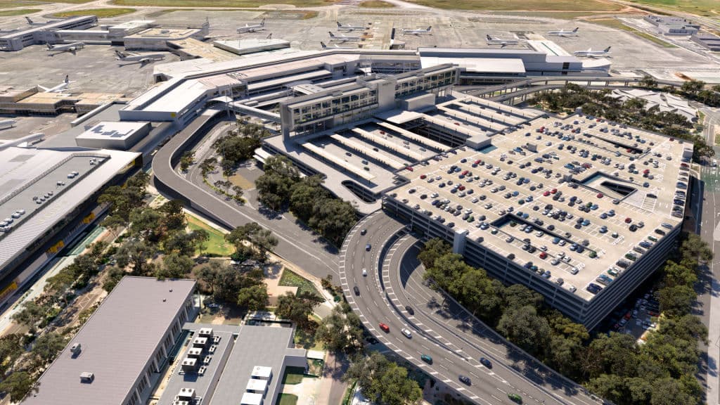 An aerial image of a large building, the Melbourne Airport.