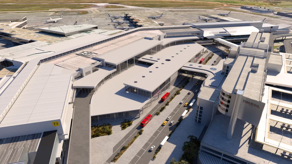 An aerial view of the elevated road works as seen in this image of the forecourt, airport.