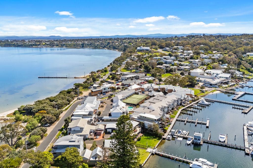 An aerial view of the property and waterways.