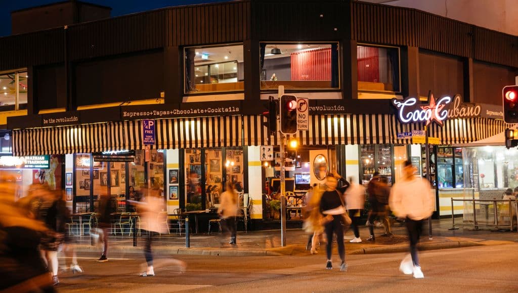 People dining at restaurants along Eat Street dining precinct in Parramatta.