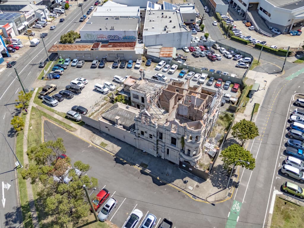 The roof has been removed from the hotel, this aerial picture shows.