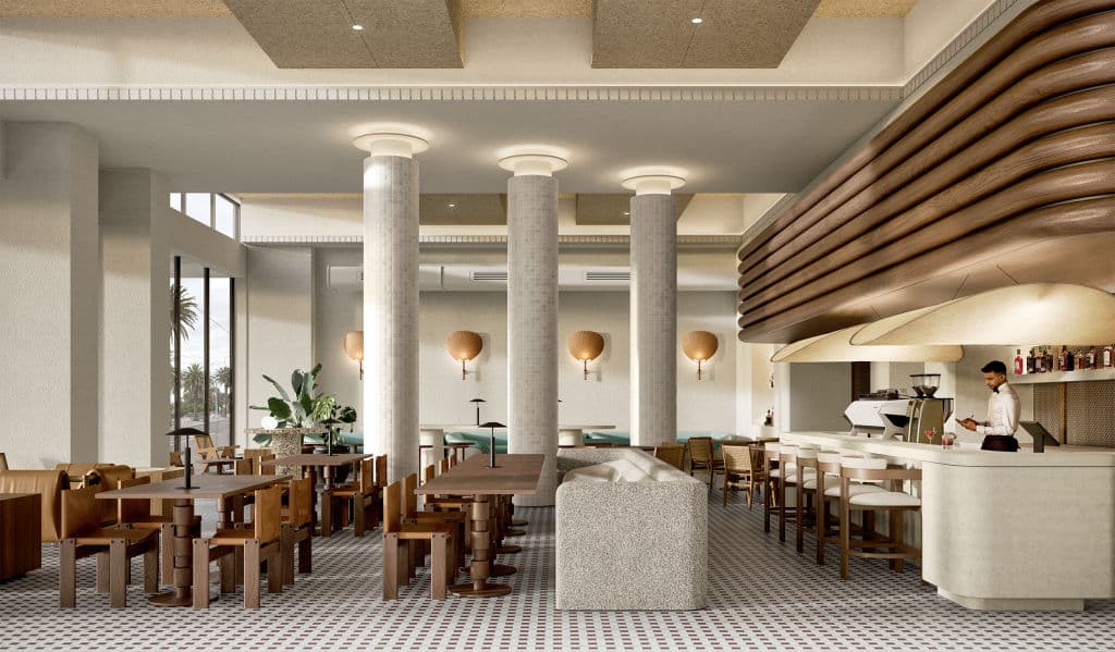 An artist's impression of the arrival space at the upcoming Novotel on Fitzroy St, St Kilda