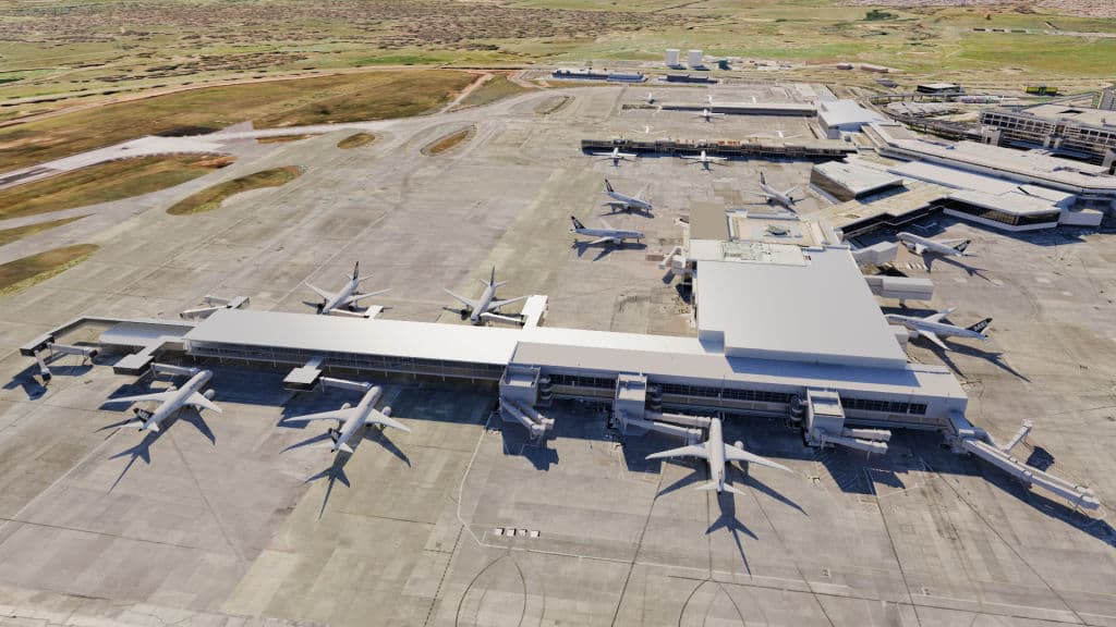Aerial view of airplanes on the tarmac.