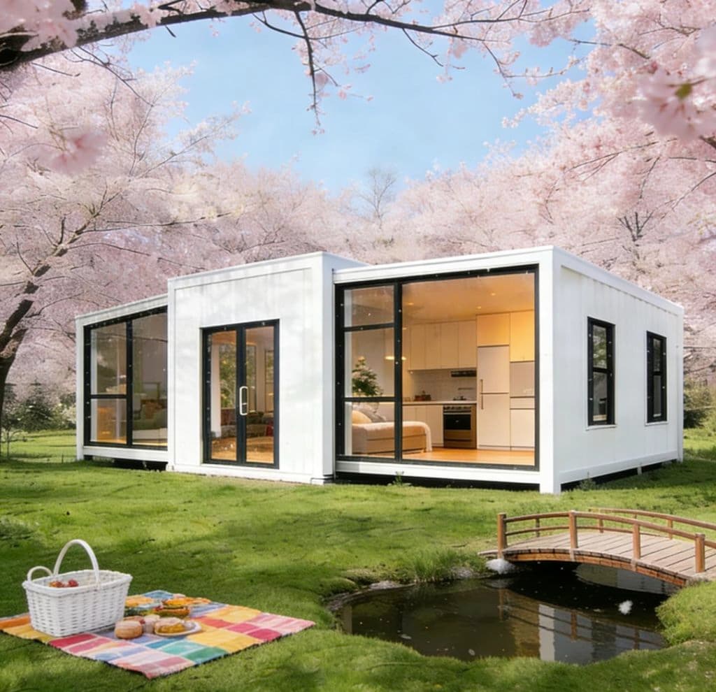 A white modern house on lawn with blossom around it.