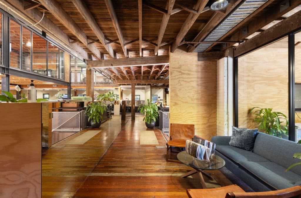 Inside the renovated industrial warehouse at 41 Bridge Road, Glebe.