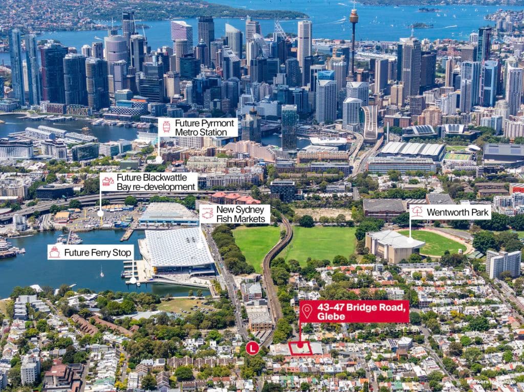 An aerial view of Sydney's inner west with buildings.