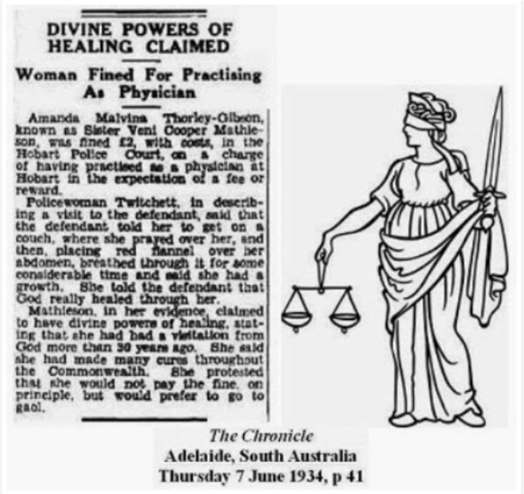 'Sister Veni' Cooper-Mathieson, whose real name was Amanda Melvina Cooper, was fined in 1934.