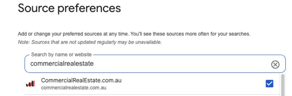 A screengrab showing how to find the Google preferred sources box