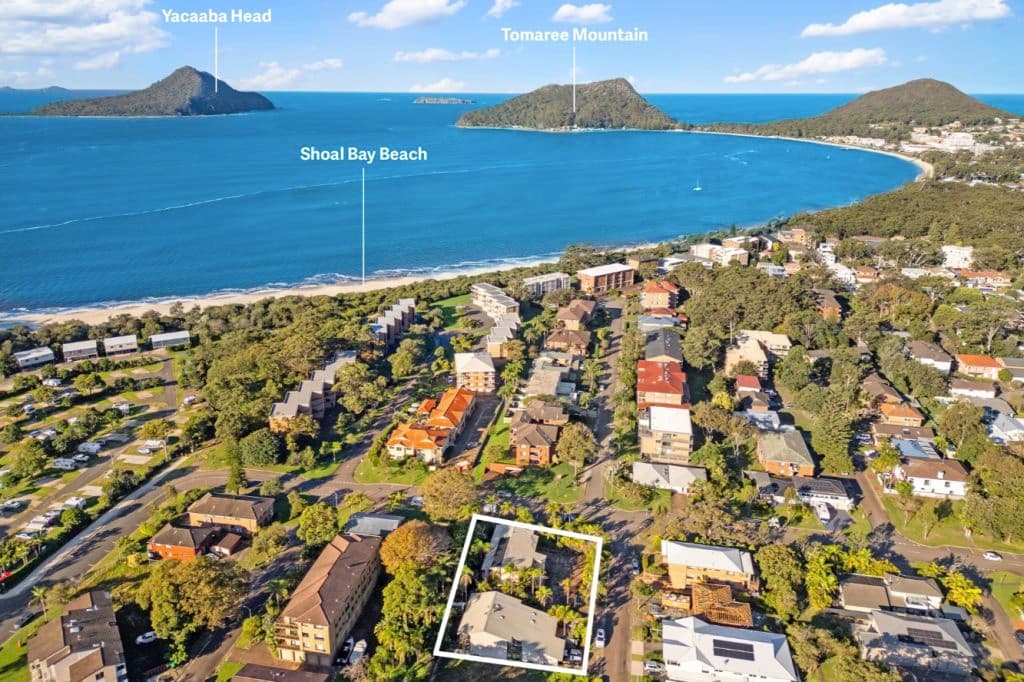 Crystal blue water surrounds the Nelson Bay property.