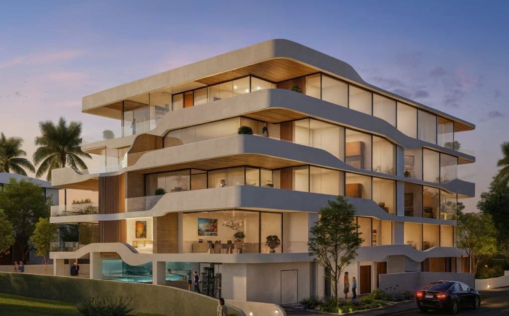 A render of the high-end complex in a sand-stone colour.
