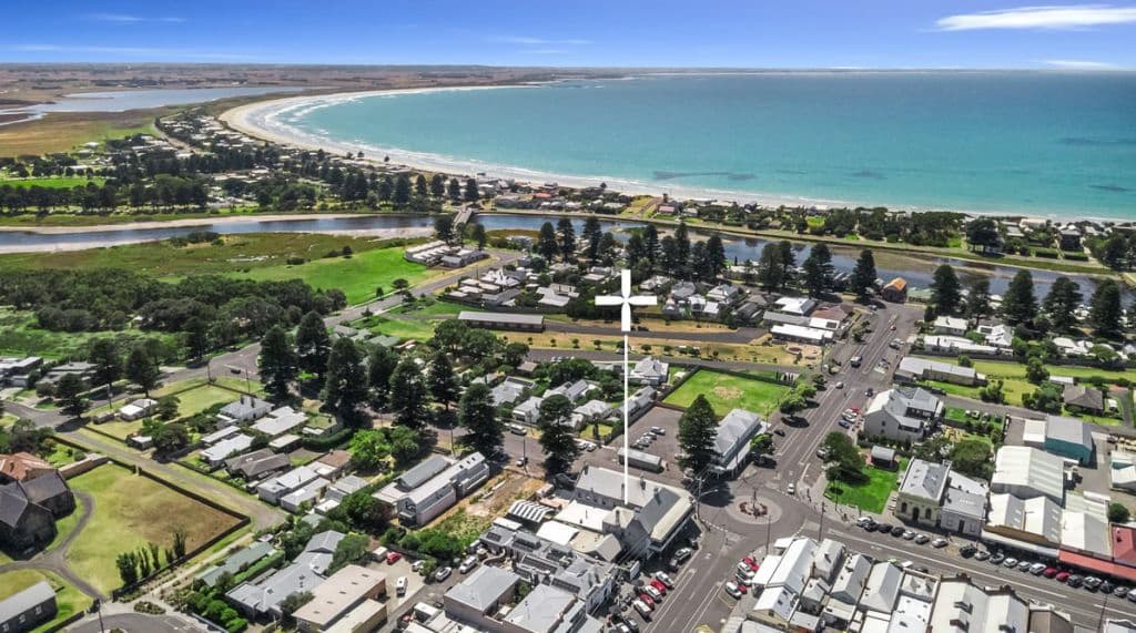 The hotel from an aerial shot showing its close perspective from the coastline.