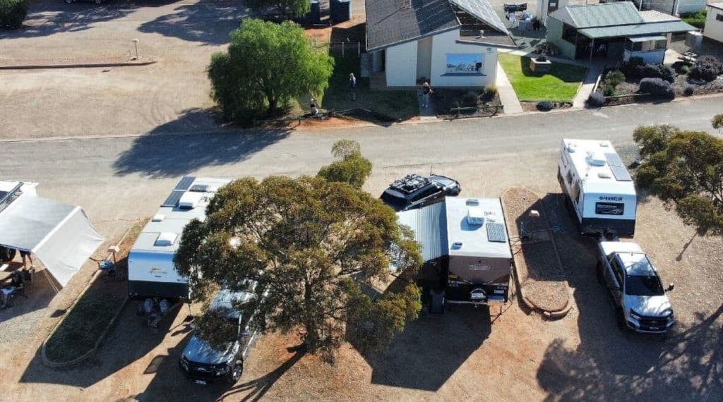 An aerial view of the powered caravan park.