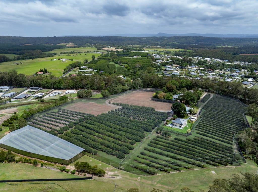 An aerial view of the property - lush green in colour with development around it.