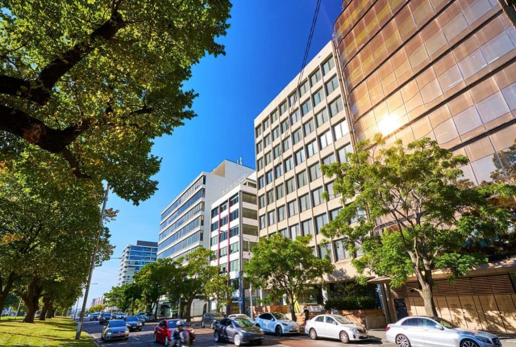 The property as seen from street level, along busy Victoria Parade.