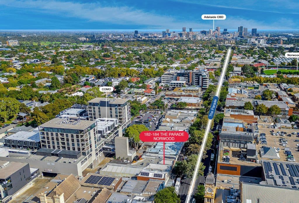 The skyline of Adelaide and the shopping strip's location.