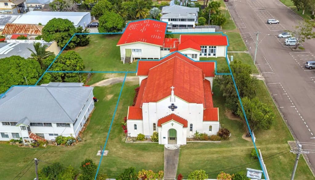 Aerial view of 75 Herbert St, Bowen shows a vast block offering a major commercial centre development opportunity.