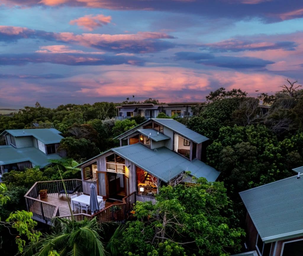 A beautiful sunset backdrop with a treetop house set amid lush greenery.