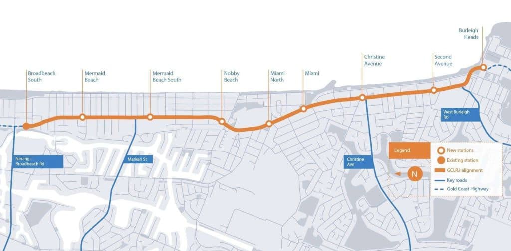The stops along the third stage of the Gold Coast Light Rail project runs from Broadbeach south to Burleigh Heads.
