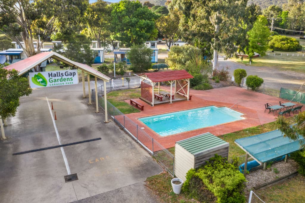 A pool is seen from above at Discovery Parks - Grampians.