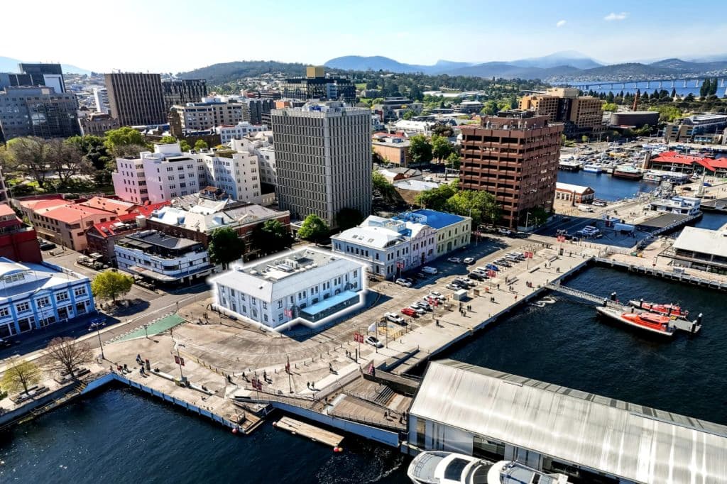 Aerial images showing the waterfront property opposite Hobart's Brooke Street Pier and MONA ferry terminal.