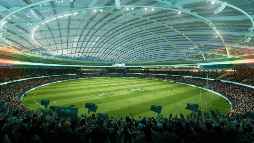 A rendered image shows the stadium inside, featuring a grass oval and permanent roof.