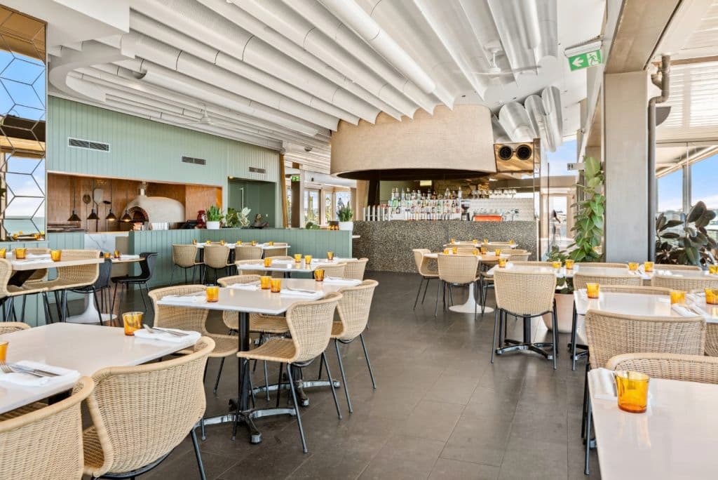 A bright interior of a cafe space.