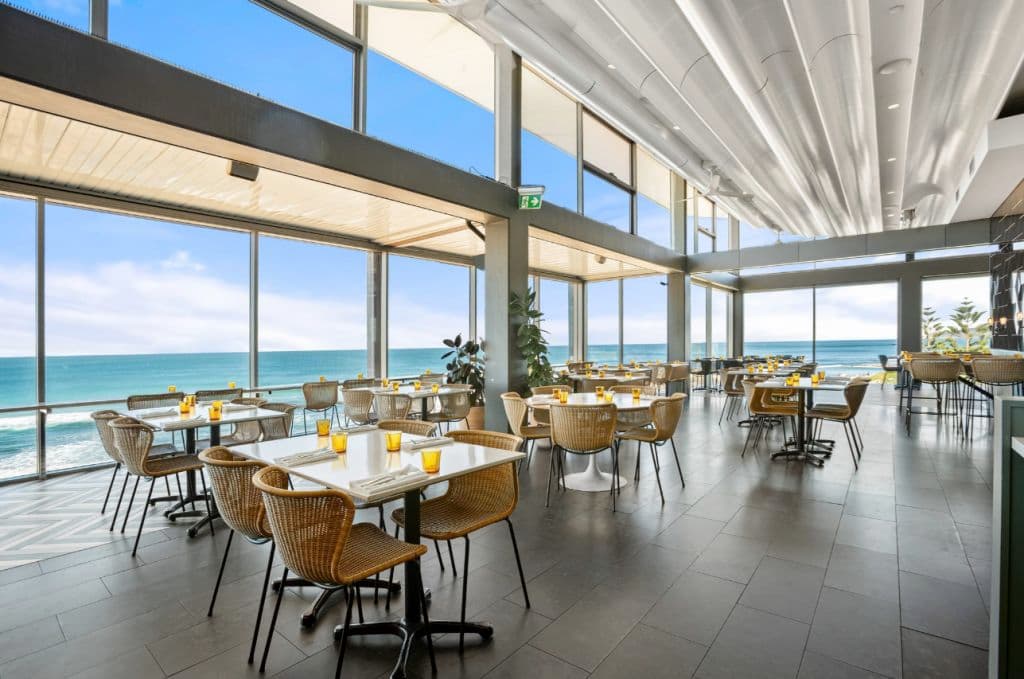 A bright space overlooking the ocean, where surf events are held.