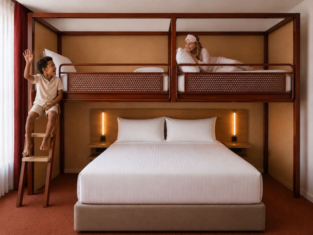 A bunk bed above a large bed for parents.