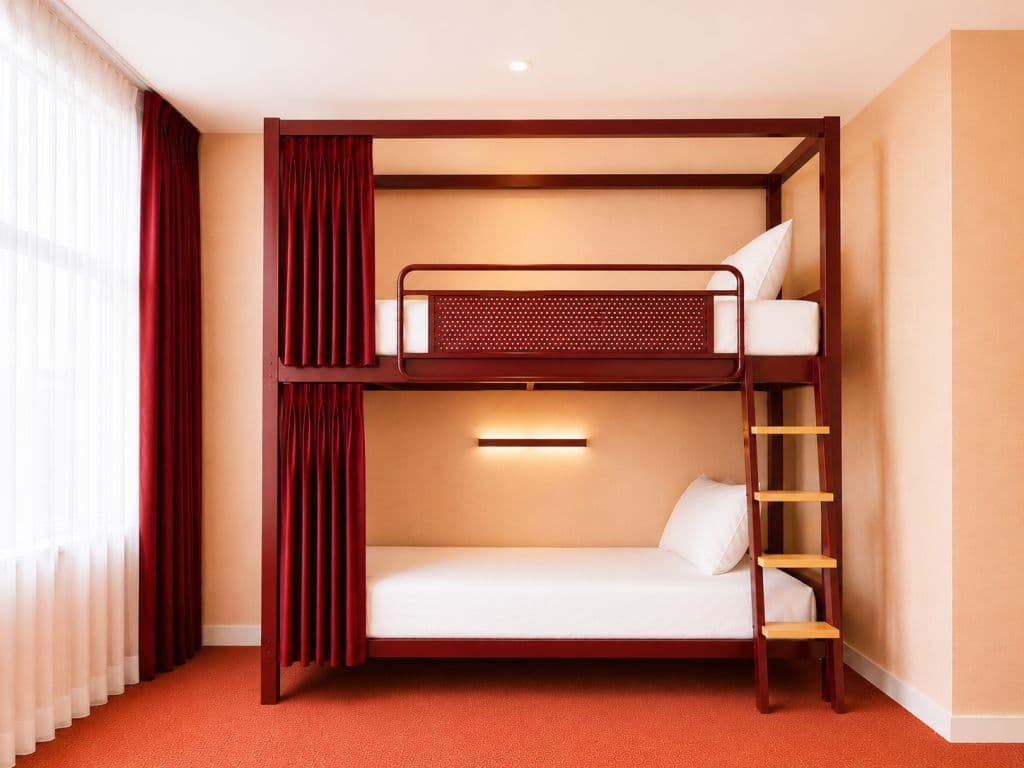 A bunk bed in maroon colours with timber touches inside a bright room.