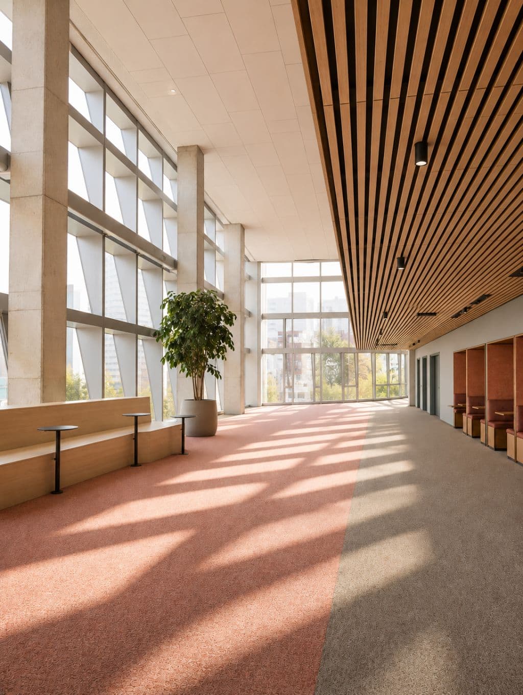 A render of the lobby inside the Atlassian Central tower shows bright light shining through windows with timber features.