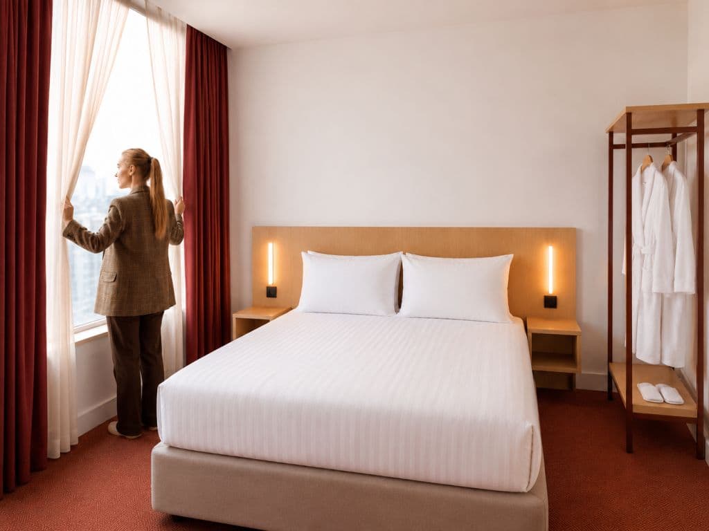 A large bed in a room with a woman peering out the window.
