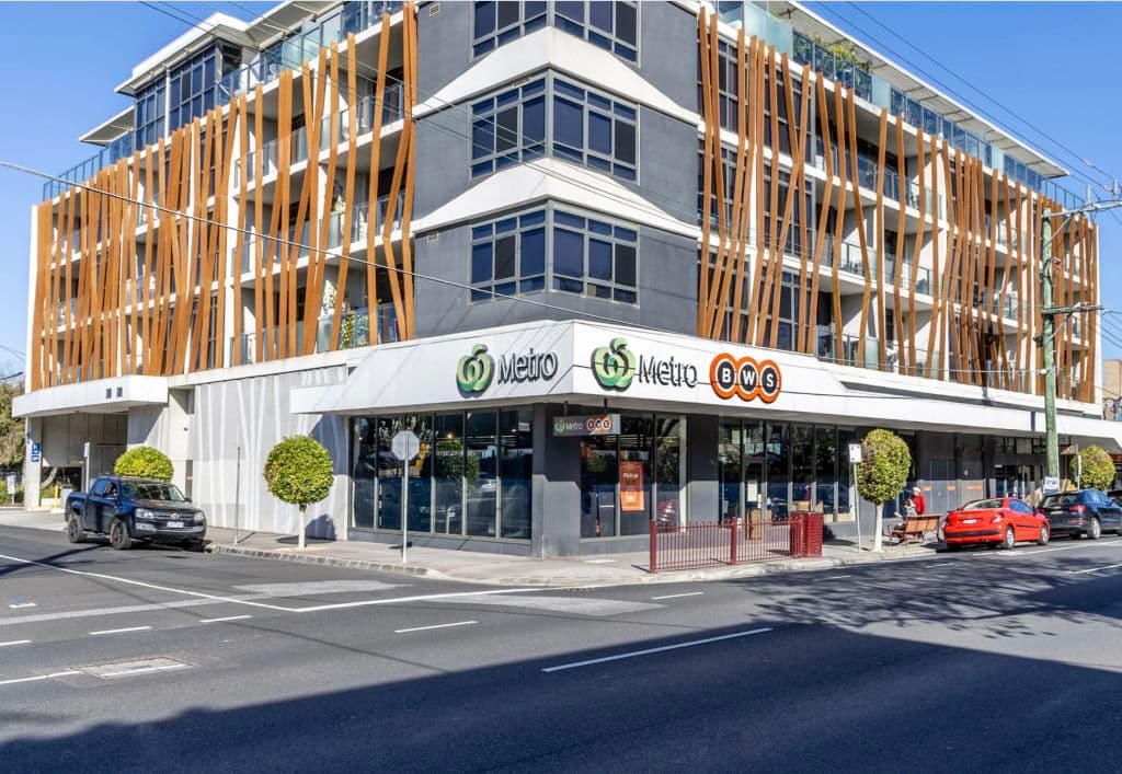 A Woolworths Metro beneath apartments in Caulfield North, Melbourne.