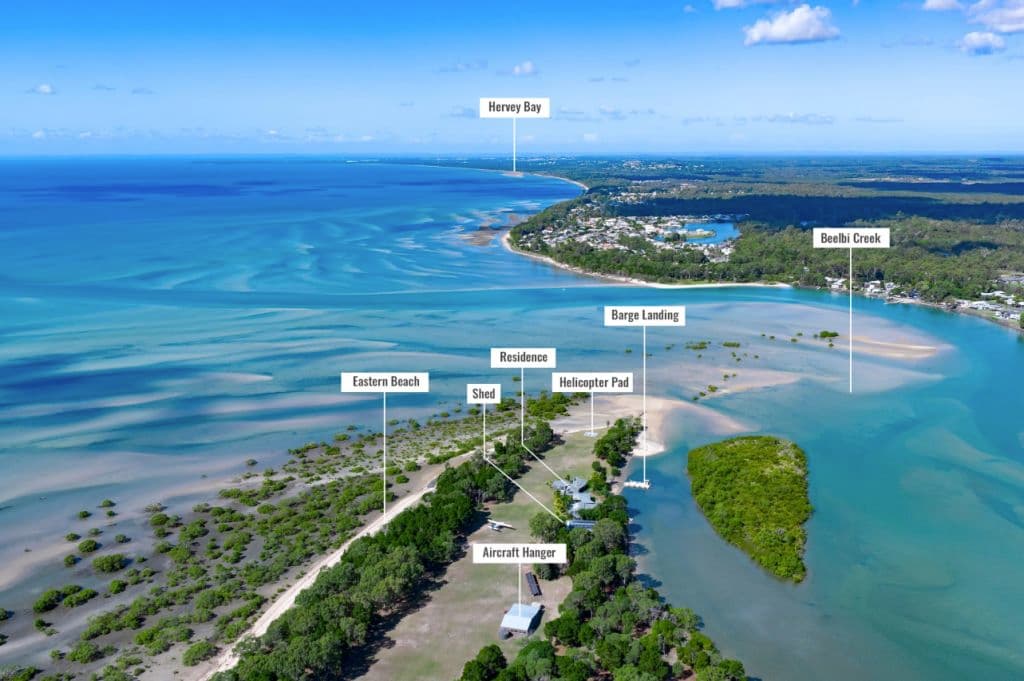 Aerial shot from the sky of the island and its features.