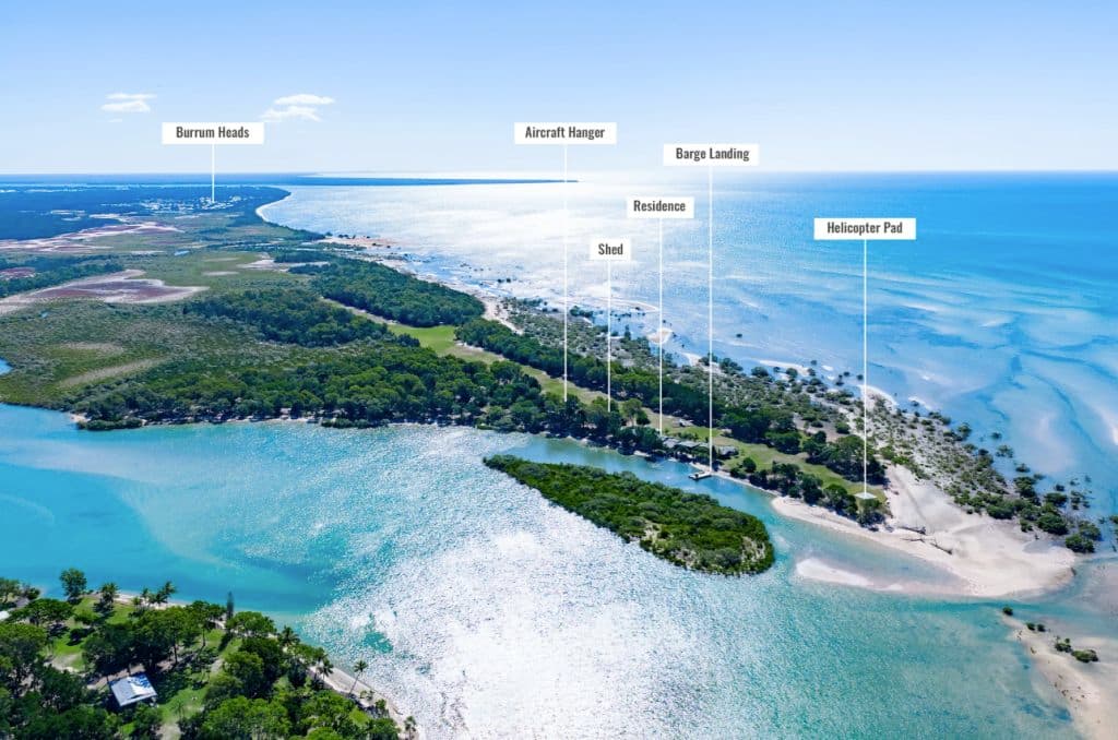 Aerial shot of the island and its position along the coast.