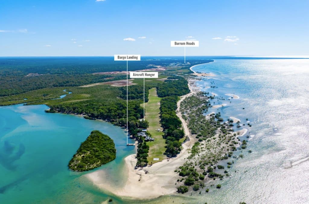 The airstrip as seen from air, with vegetation still flourishing on the off-grid island.