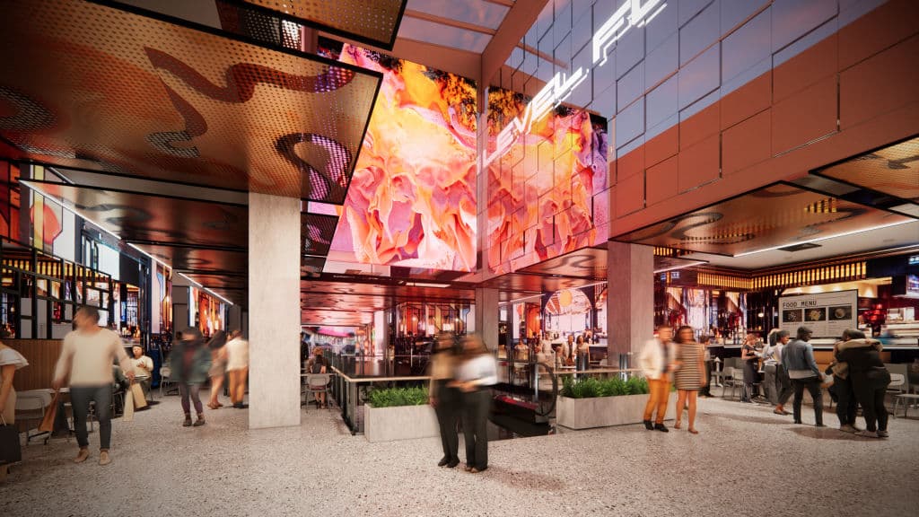 An artist's impression of the new-look dining precinct, with diners and bright graphics.