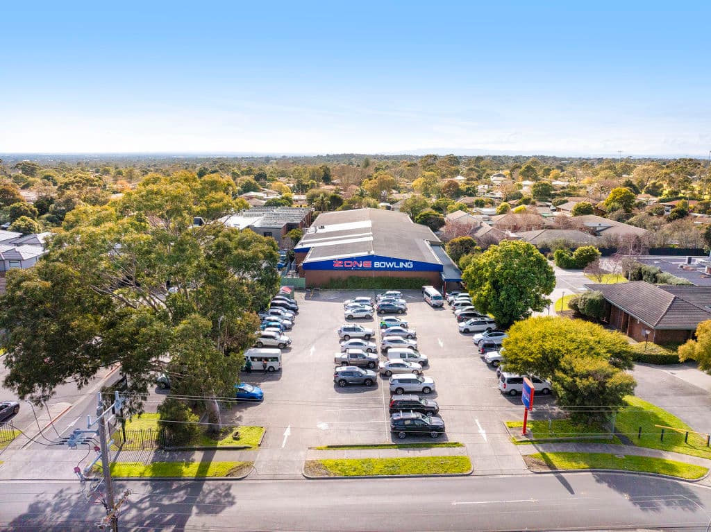 An aerial view of the road and large carpark at the venue.