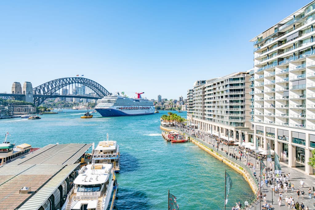 An aerial view of a property looking out to Sydney Harbour Bridge.
