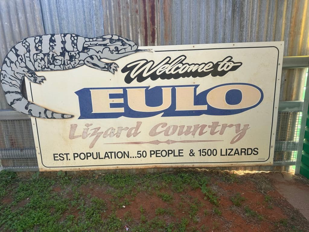 The welcome sign to Eulo draws on its lizard racing past.
