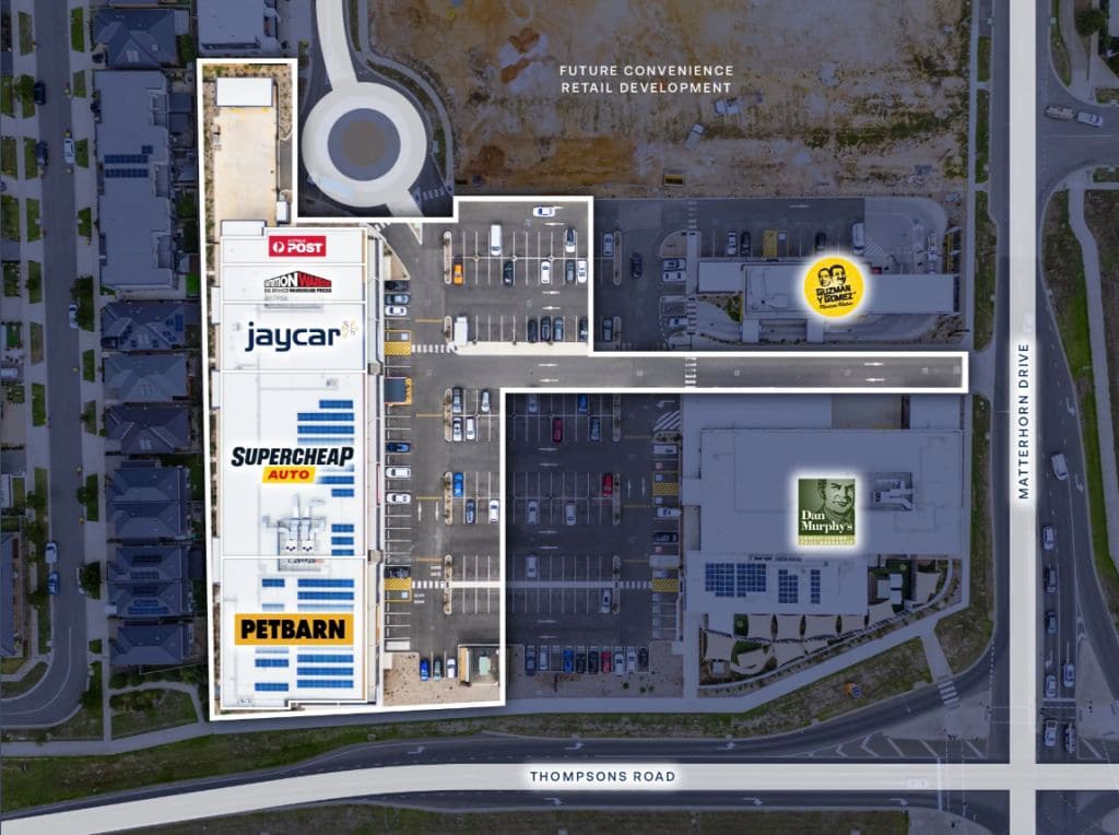 An aerial view of the large format retail asset showing its land mass.