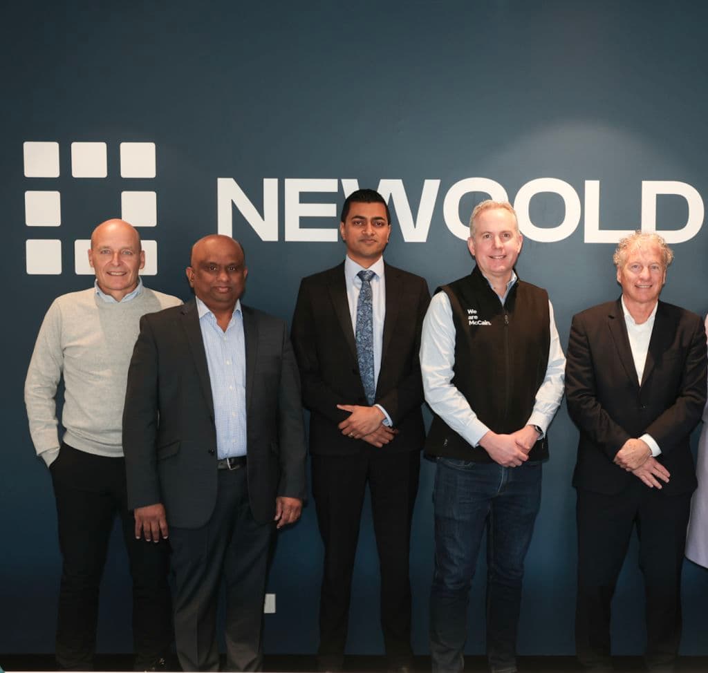 The NewCold team unite: Global CFO Jos van Rijswijk, regional managing director ANZ Karthi Karthigeyan and vice president and director of commercial operations Vivek Rajendran with Ross Fallon from McCains, and NewCold CEO and founder Bram Hage.