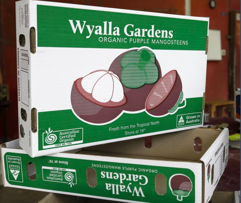 The farm's mangosteen packaging, showing how it has been certified organic.