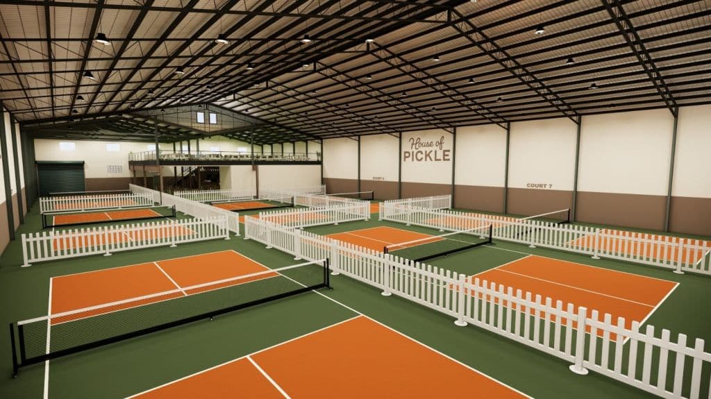 Pickleball courts inside the industrial warehouse ready to open.