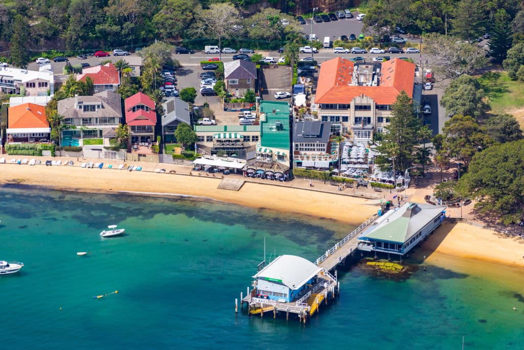 An aerial shot of the venue showing the nearby jetty and water.